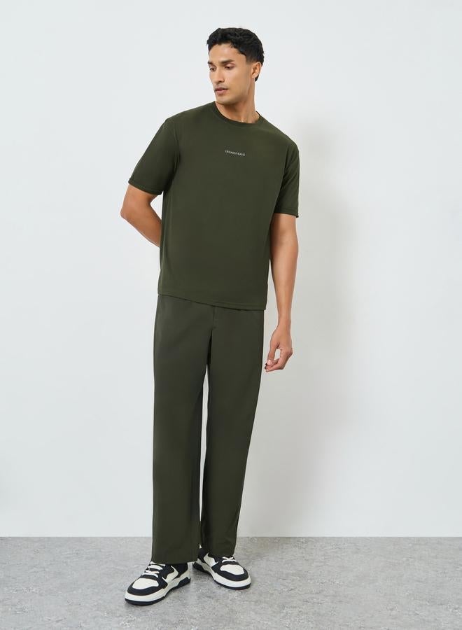 Styli Men Olive Green Slogan Print Oversized T-Shirt - Image 1